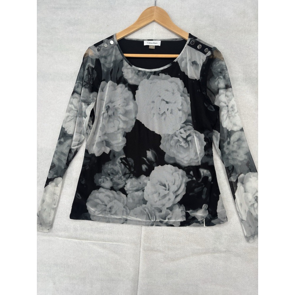 Calvin Klein Women's L Floral Blouse Sheer Sleeves Lined Bodice Black & White